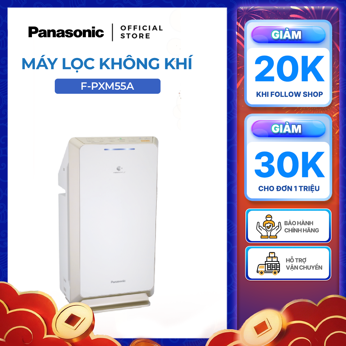Máy lọc không khí Panasonic model F-PXM55A (công nghệ lọc Nanoe, cảm biến bụi/mùi/ánh sáng)