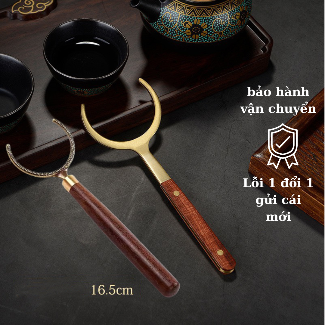 Gắp truyền chén trà cán gỗ mun đầu đồng bộ dụng cụ trà đạo