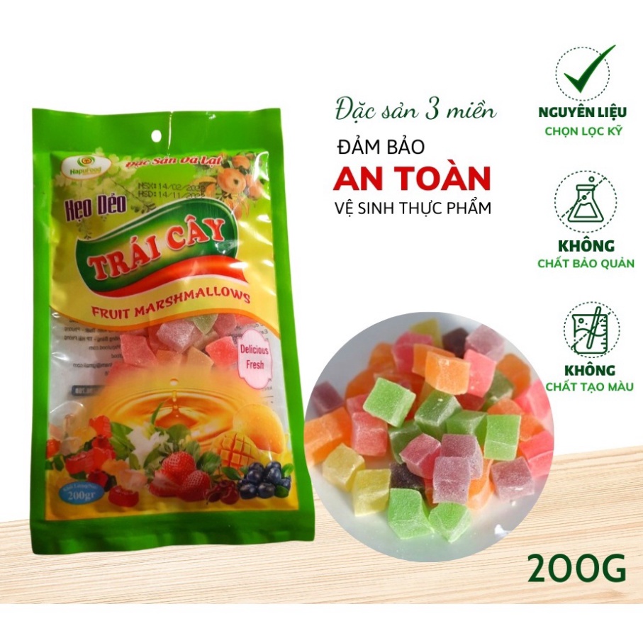 Kẹo dẻo trái cây 200g đà lạt dẻo dai ngon nhiều vị dâu tây chanh dây nha đam khoai tím chuẩn vsattp