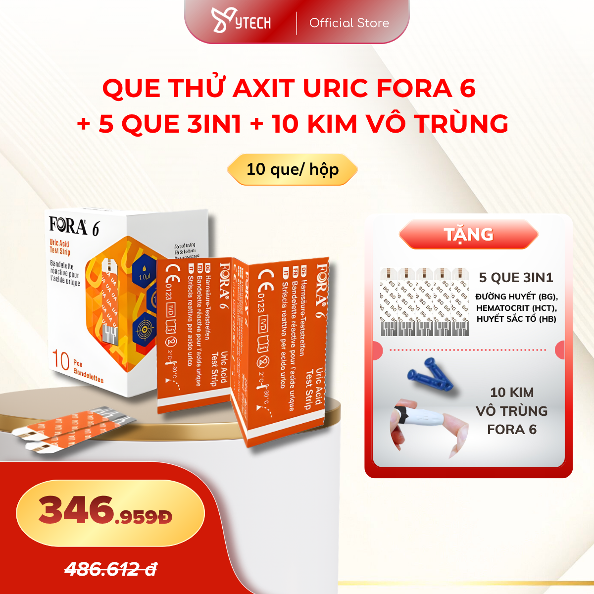 [YTECH] Que Thử Axit Uric FORA 6 (Hộp 10 que) Tặng 5 Que Thử 3IN1 + 10 Kim Vô Trùng Fora 6