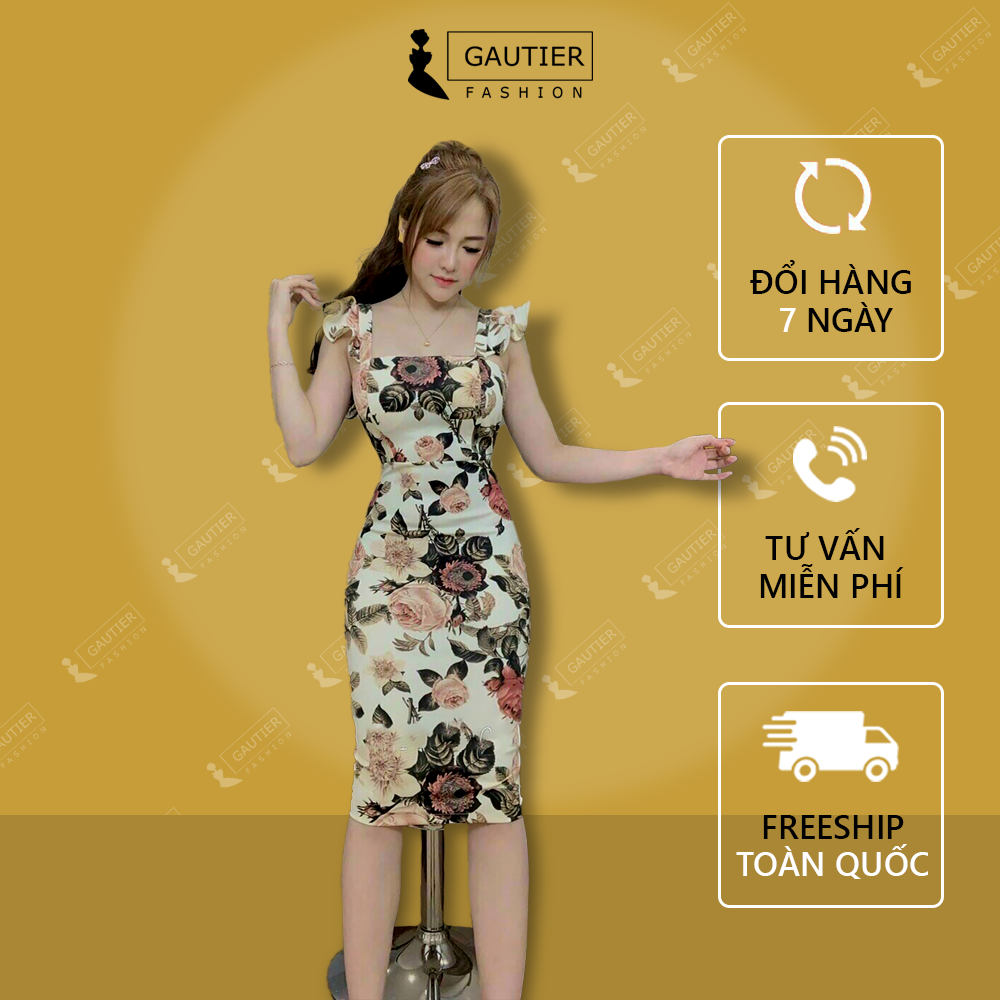 Đầm Váy Ôm Body Họa Tiết Hoa Hồng 2 Dây Cánh Tiên ( Có Mút Ngực ) Thời Trang Gautier, Kiểu Dự Tiệc Công Sở Dạo Phố, Thích Hợp Mọi Hoàn Cảnh, Onesize Từ 42 - 52kg