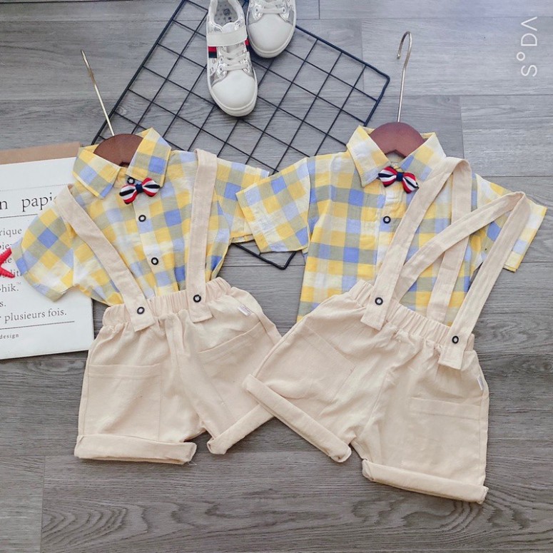 Set công tử vàng caro cho bé