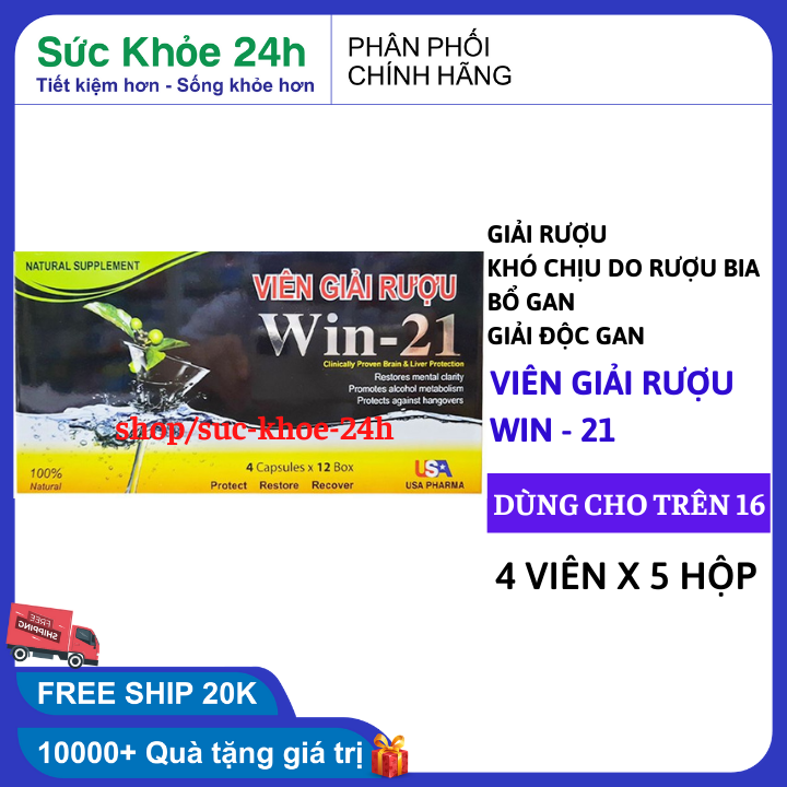 Combo 5 hộp - Nước giải rượu bia hiệu quả 1 hộp 4 viên, viên bổ gan , giải độc gan Win-21, không lo say rượu , hết mỏi mỏi đau đầu