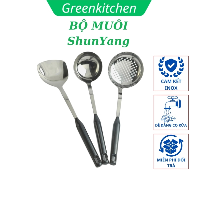 Muôi canh, muôi thủng ăn lẩu, xẻng xào inox, Shunyang cán ốp nhựa cách nhiệt, inox sáng bóng dày dặn