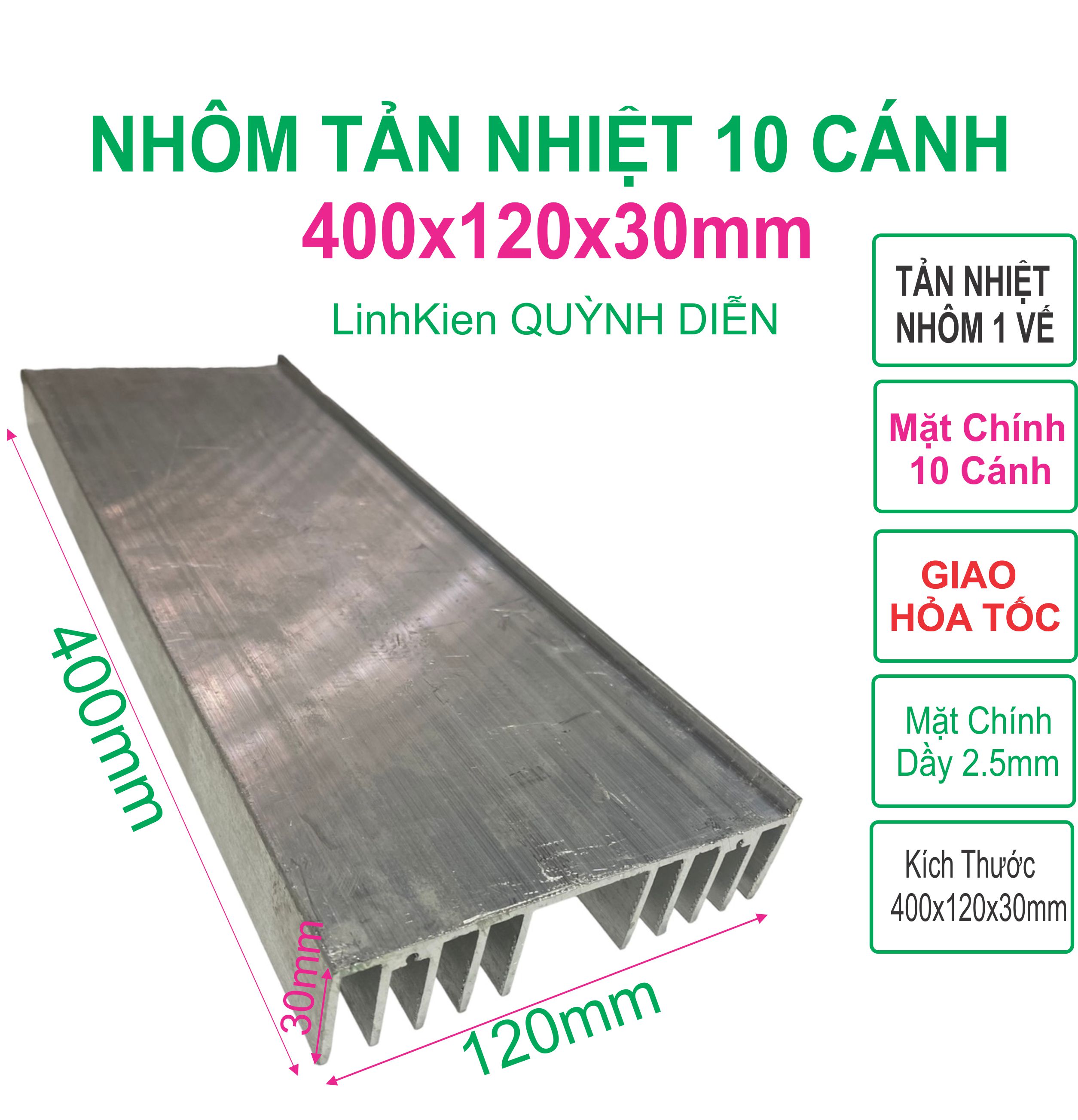 10-Blade Aluminum Heatsink, 40cm Long, 400X120X30Mm, Thick Type - Quynh Dien Electronic Components Giá 312,000 Đồng*Miễn phí vận chuyển