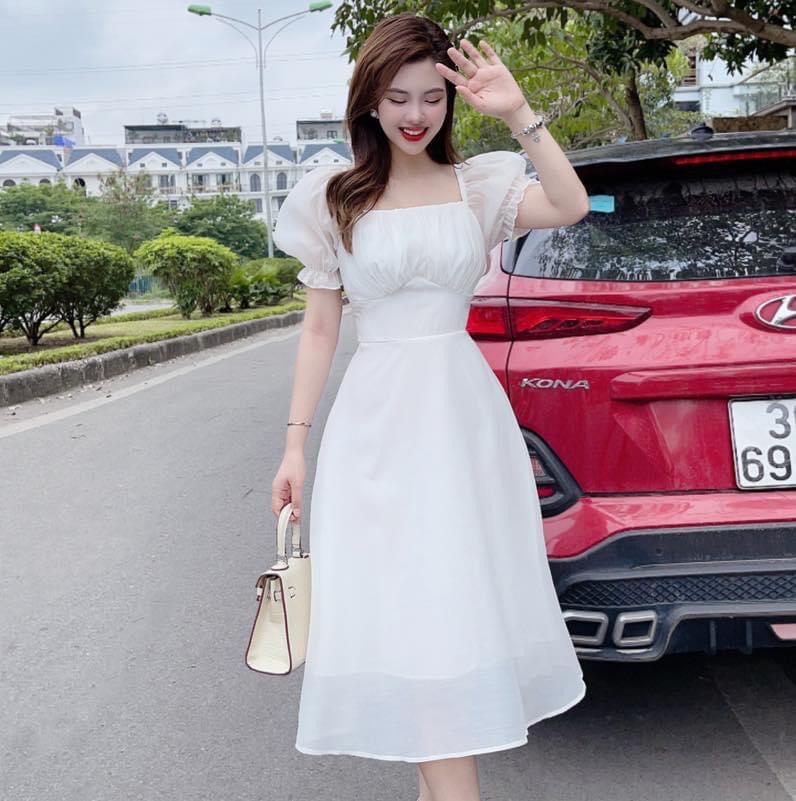 Đầm voan trắng nơ lưng công chúa đi chơi, dự tiệc sang trọng, Đầm nữ voan tay ngắn váy dáng xòe mặc cực sang, Đầm nữ nơ thun ngực tay voan ngắn công chúa