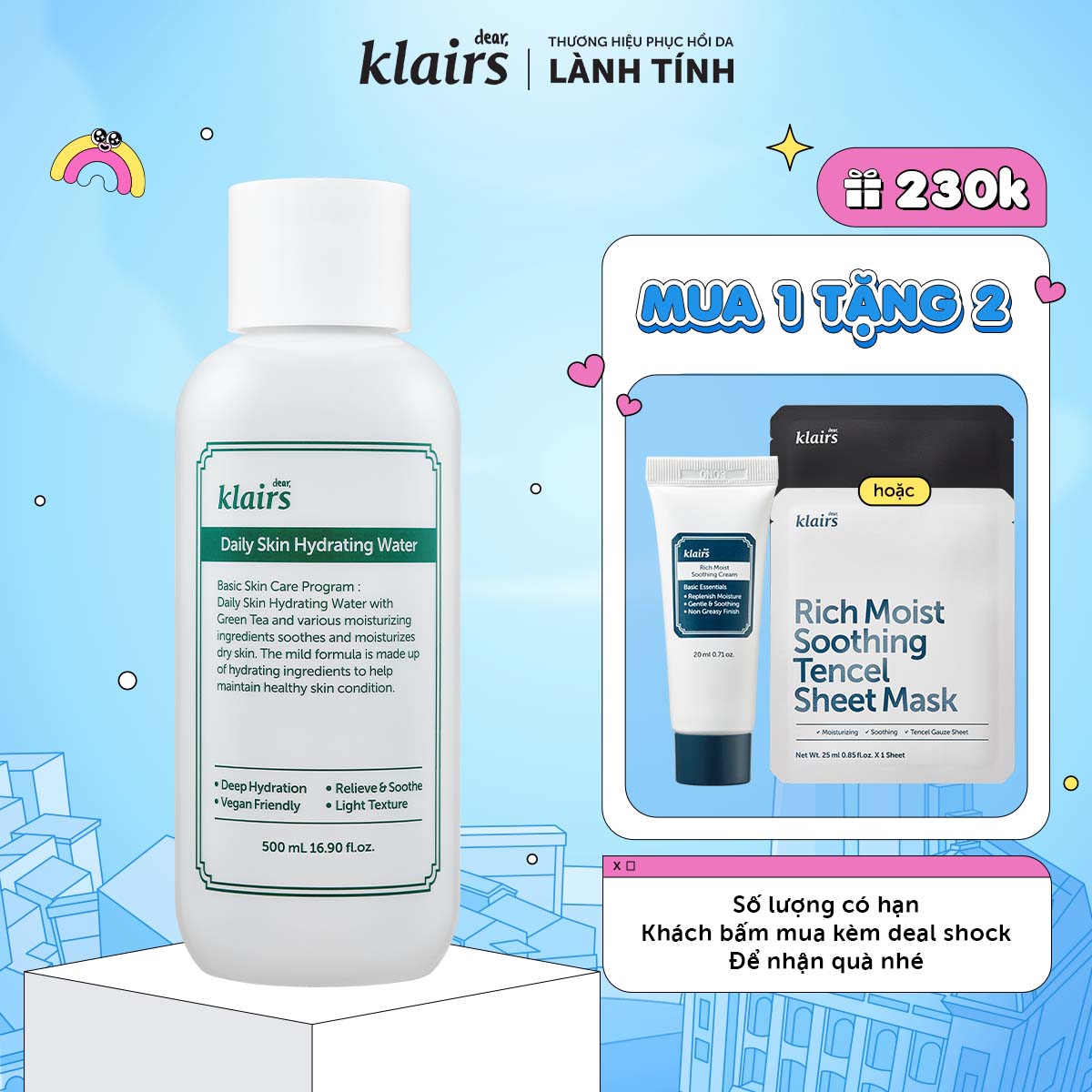Nước hoa hồng Dear, Klairs Daily Skin Hydrating Water 500ml