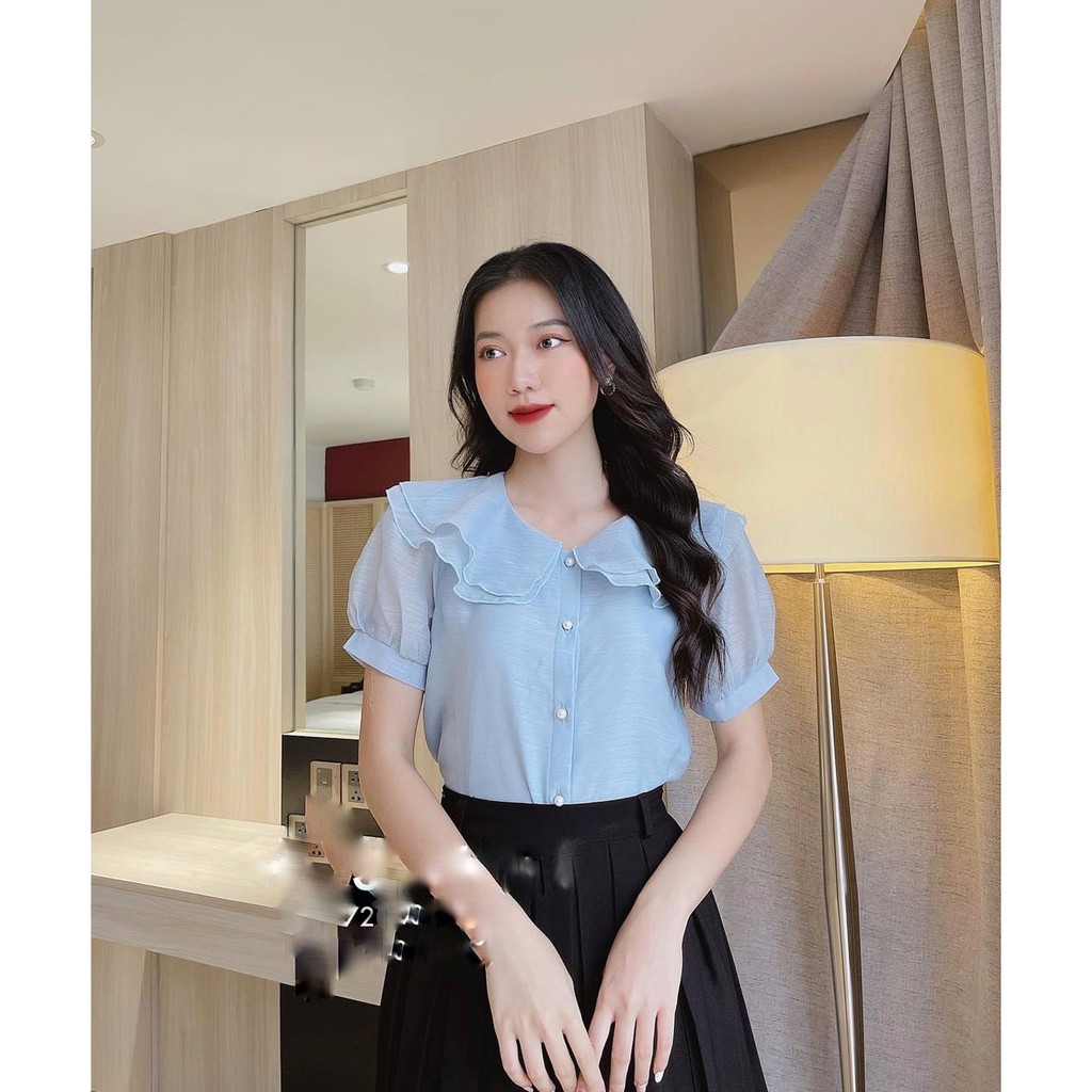 Áo sơ mi cổ sen 2 lá nằm dáng cộc tay cúc ngọc chất tơ xước - áo sơ mi công sở nữ