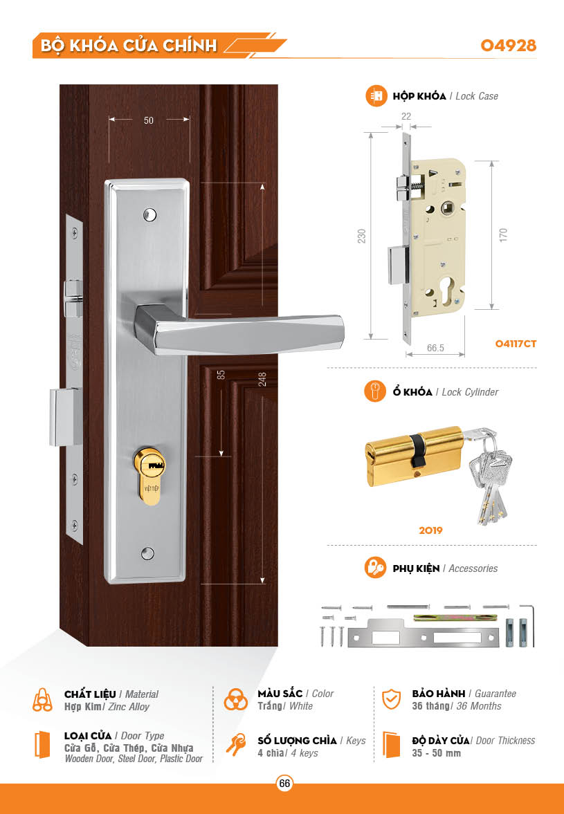 KHÓA TAY GẠT VIỆT TIỆP 04928 - KHÓA CỬA CHÍNH