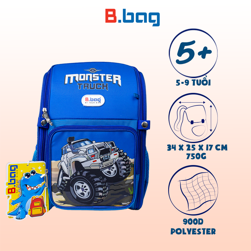 Balo chống gù Adventure Smartkids Cho bé từ 6 tuổi đến 10 tuổi  Cặp Siêu nhẹ, chống gù, bảo vệ hệ xương, cột sống Monster Truck B-12-112 Xanh đậm