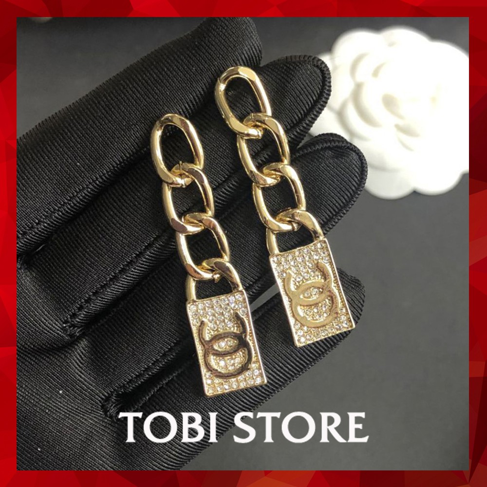 Bông tai nữ thương hiệu chữ CC mạ vàng dáng thả TOBI STORE TB366