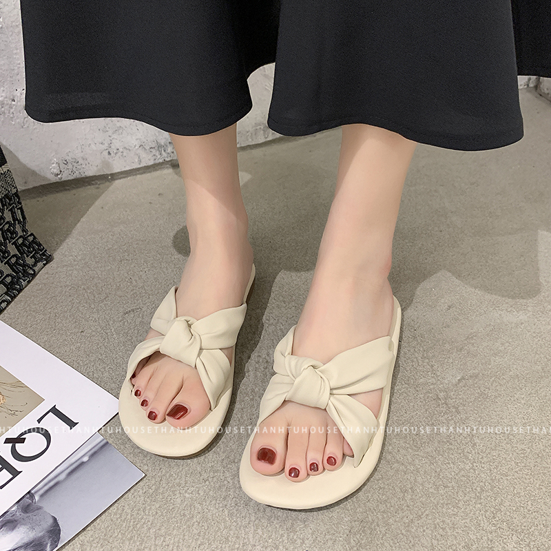 Dép nữ quai chéo thắt nơ da mềm ulzzang - orde001