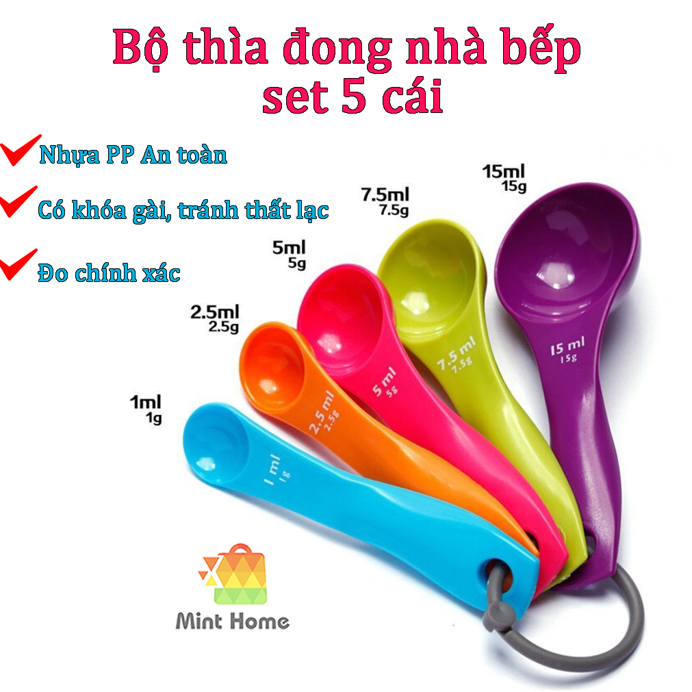 Bộ thìa đong, muỗng đong nhà bếp 5 món (set 5 cái), thìa đo lường, định lượng bột, sữa, gia vị bằng nhựa an toàn