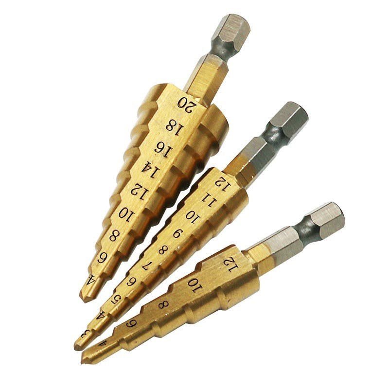Bộ 3 mũi khoan tháp, tháp phủ titanium 3-20mm khoét lỗ tròn chuyên khoan sắt, gỗ, tôn nhôm