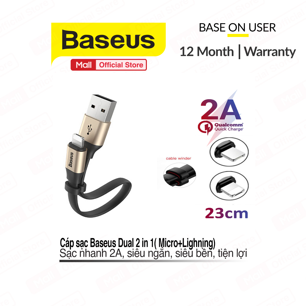 Cáp sạc và truyền dữ liệu đa năng Baseus Dual 23cm ( 1 đầu dùng chung cho cả Android và Apple IOS )