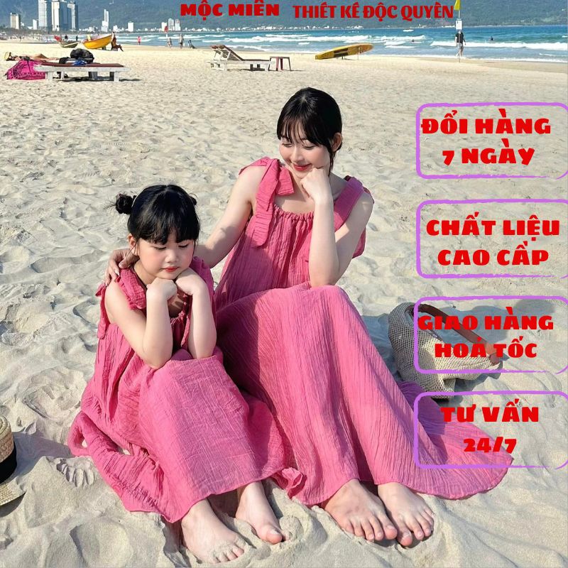 Đồ đôi mẹ bé, đầm đôi mẹ bé gái maxi hai dây nơ hàng may 2 lớp chất liệu thoáng mát cho bé