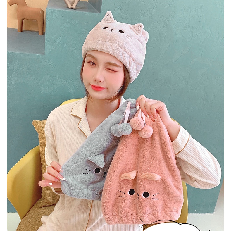 Khăn quấn tóc, mũ trùm đầu thấm nước làm khô tóc hình con mèo