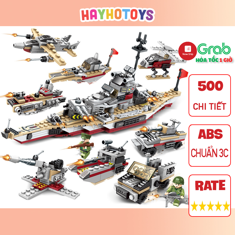 [500 Chi Tiết] Đồ chơi lắp ráp tàu chiến 6 trong 1, mô hình lắp ráp tàu quân sự, mô hình xe tăng, máy bay kèm lính swat