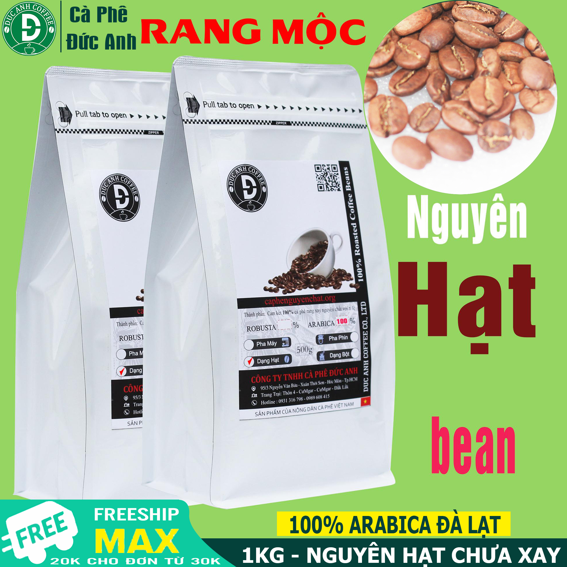 1kg cà phê Arabica rang mộc nguyên hạt - Xuất xứ Đà Lạt - Dạng HẠT - 2 gói zipper 500g - Thương hiệu cà phê rang mộc DUC ANH COFFEE- Cafe Đức Anh - sản phẩm  được bán trực tiếp từ nông trại - giao hàng nhanh chóng