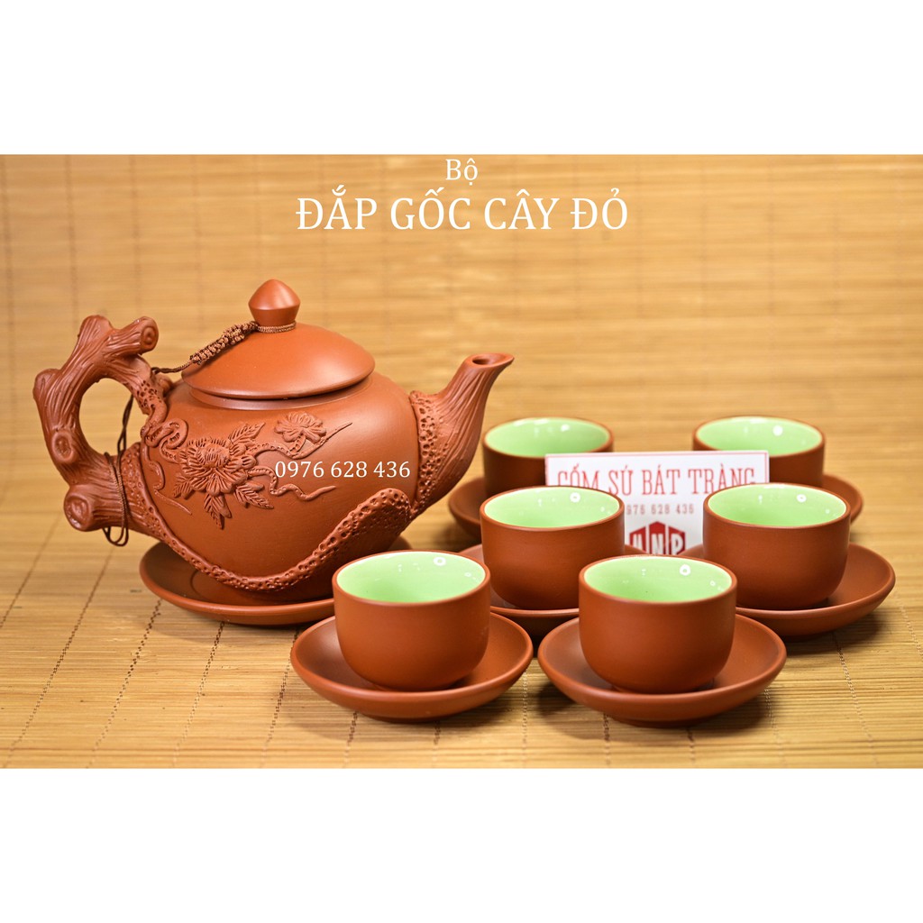 Bộ ấm trà tử sa bát tràng đắp nổi gốc cây đỏ dung tích 500ml hoa văn đắp nổi sang trọng đẳng cấp