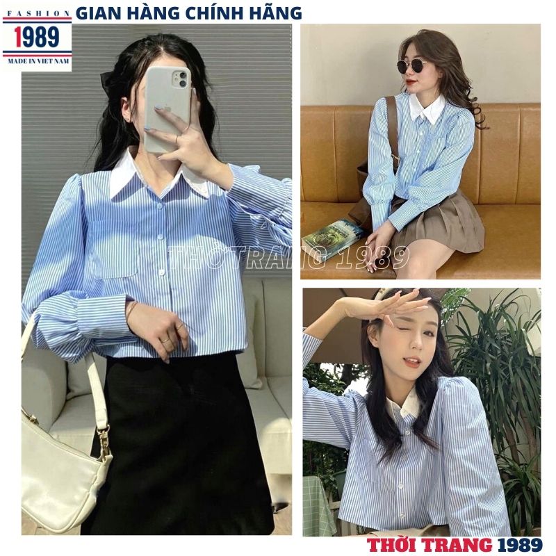 Áo sơ mi kẻ nữ kiểu dáng croptop siêu hót 2023 -áo sơ mi nữ , áo sơ mi kẻ phối cổ trắng kiểu dáng hàn quốc ulzzang -THỜI TRANG 1989