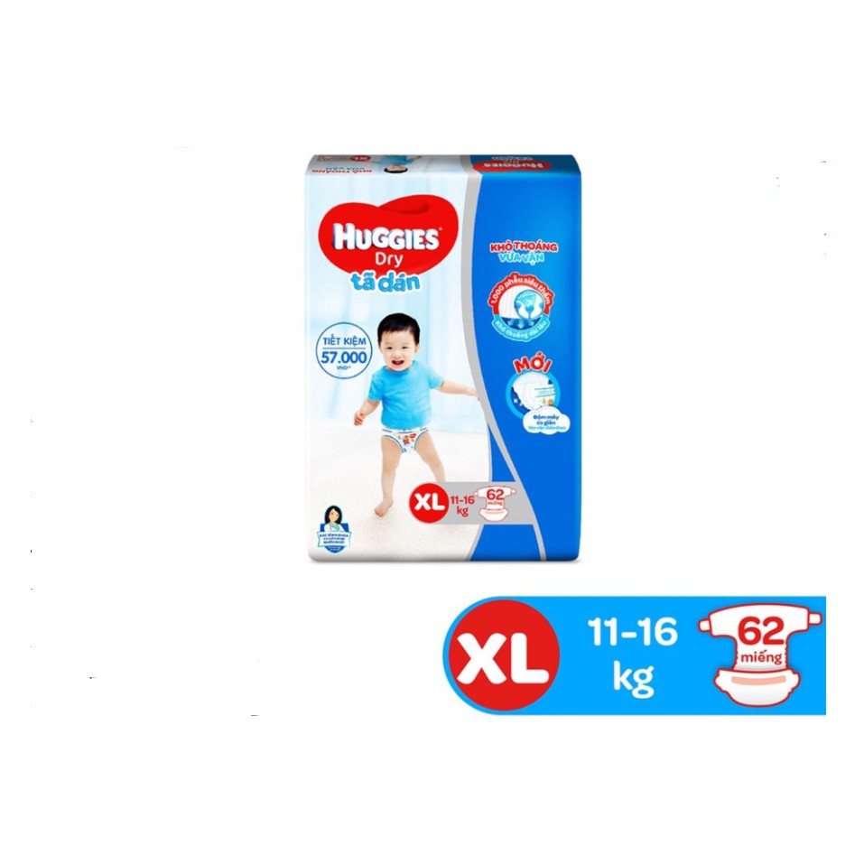 Tã Dán Huggies Dry Gói Cực Đại XL62 (62 Miếng) - Bao Bì Mới