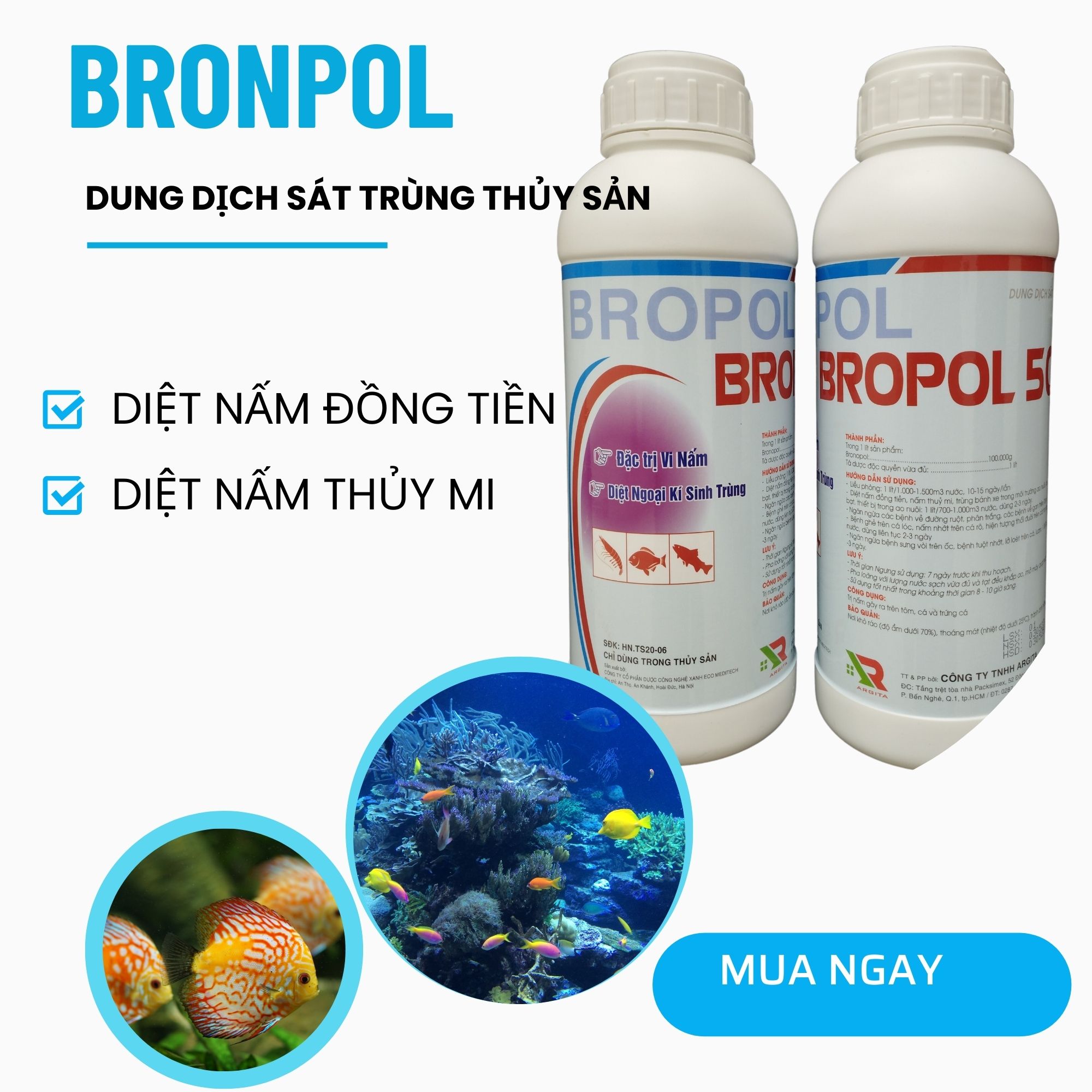 Bronpol 1 lít diệt nấm cho cá cảnh chữa nấm đồng tiền, thủy mi cá kiểng, cá koi , rận cá,diệt nấm ao nuôi