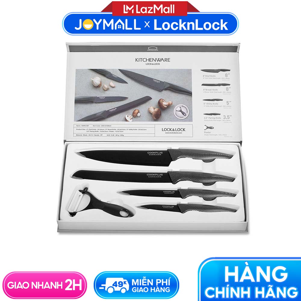 Bộ dao Lock&Lock nhà bếp 5 món Cookplus CKK101S5BLK màu đen - Hàng chính hãng, lưỡi dao bọc sứ và có