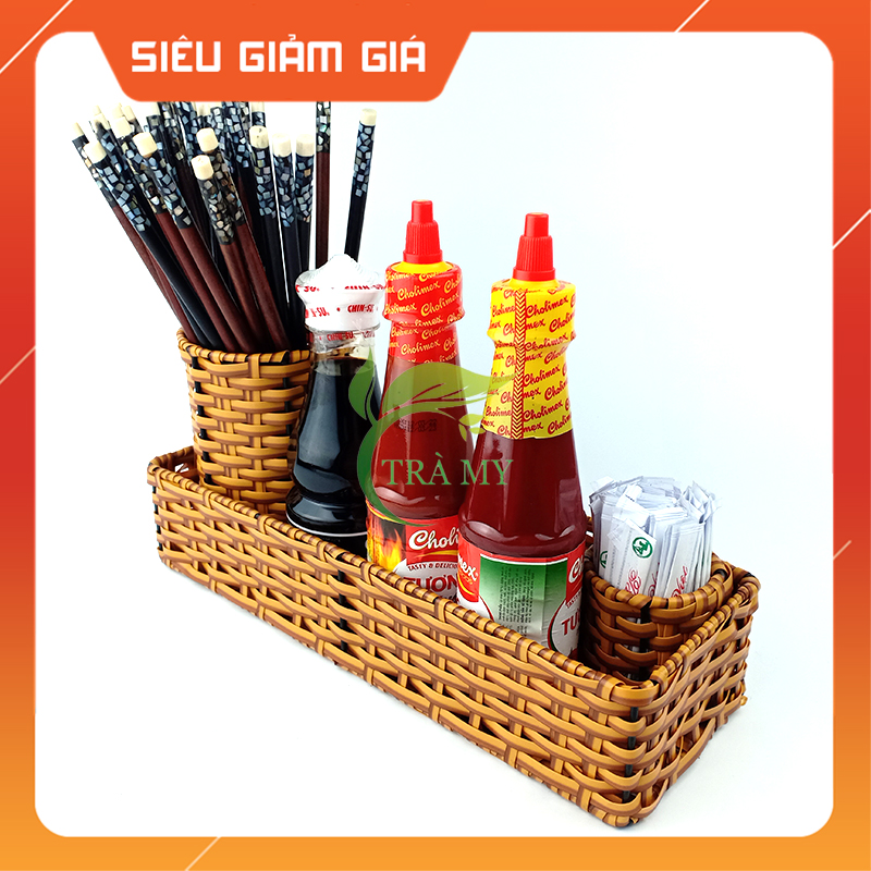 Khay chữ nhật dài nhựa mây đan đựng bánh mì, rổ nhựa mây đan chữ nhật dài dựng dụng cụ - Mây Tre Trà My