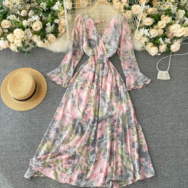 Đầm maxi voan hoa tay dài V005 dáng thướt tha tạo dáng siêu đẹp đi chơi đi biển sống ảo