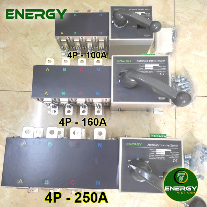 Chuyển nguồn tự động ats 4p 100a, 4p 160a, 250a, chuyển nguồn tự động 3 pha 4 cực - dùng cho tủ điện công nghiệp - thiết bị điện energy