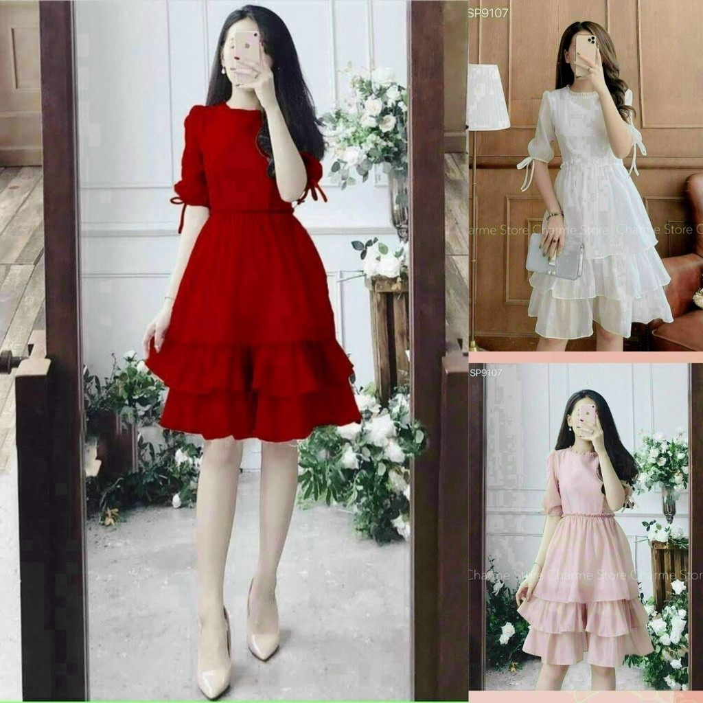 Váy đầm nữ dáng xoè xếp tầng bèo tay lỡ cổ xếp ly siêu cute