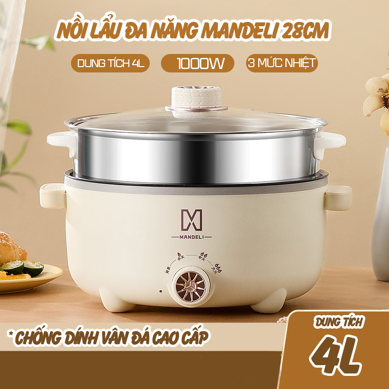 Nồi Lẩu Điện Mini MANDELI, Nồi Điện Đa Năng Kèm Xửng Hấp Inox Dung Tích 4L Phù Hợp Cho Gia đình 4-6 Người