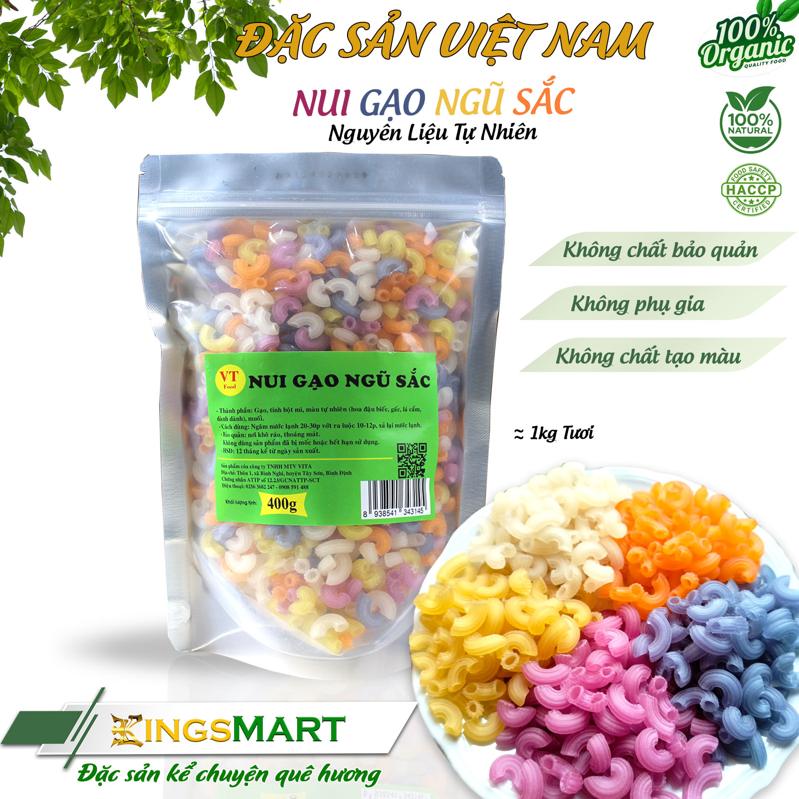 [Bếp quê] Nui gạo ngũ sắc rau củ - Thương hiệu VIDATA - Đặc sản Tây Sơn Bình Định - Túi 400g - Kingsmart