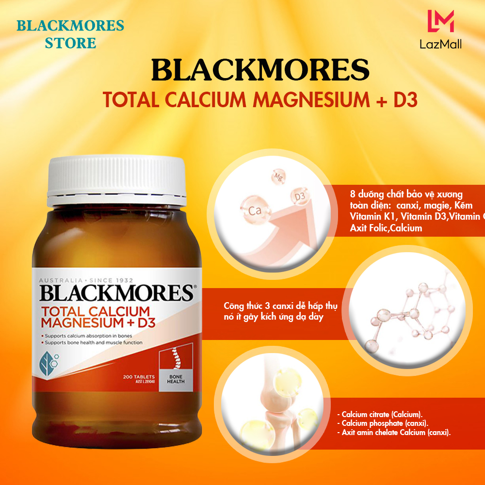 Viên uống bổ sung canxi total calcium & magnesium + d3 blackmores hộp 200 viên -hàng chính hãng
