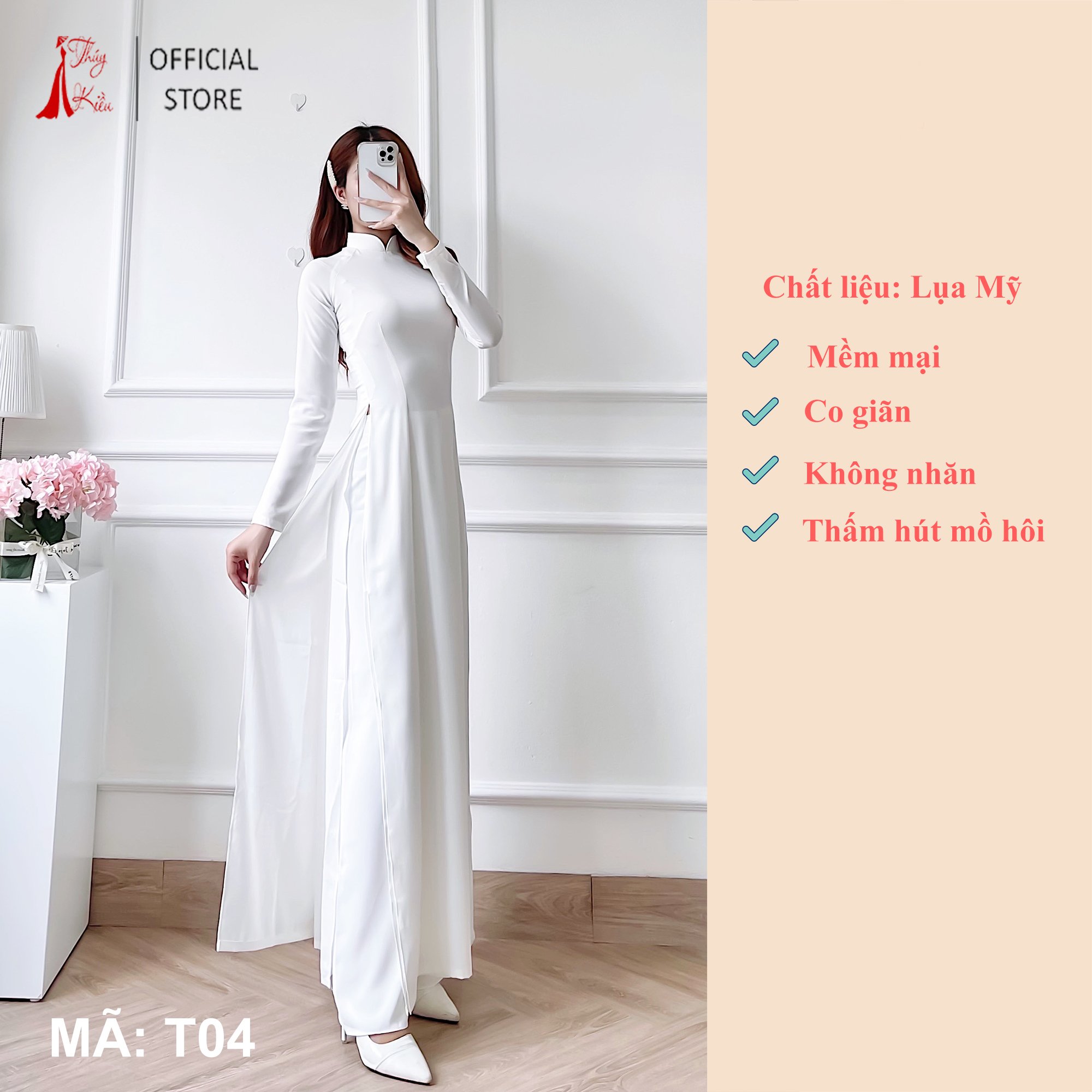 Áo Dài Trắng Học Sinh Cho Nữ Sinh 4 Tà T04 Đi Học May Sẵn Lụa Mỹ Đẹp Cổ Truyền Thống Tay Dài