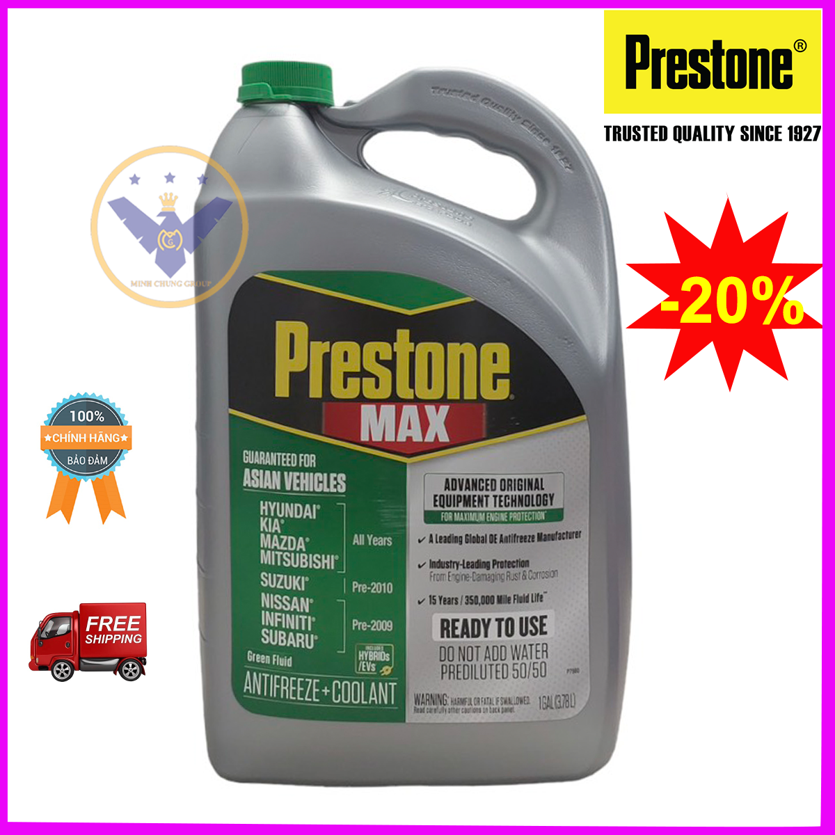 Nước làm mát động cơ xe ô tô prestone max asian vehicles 50% - màu xanh lá - can 3.78l