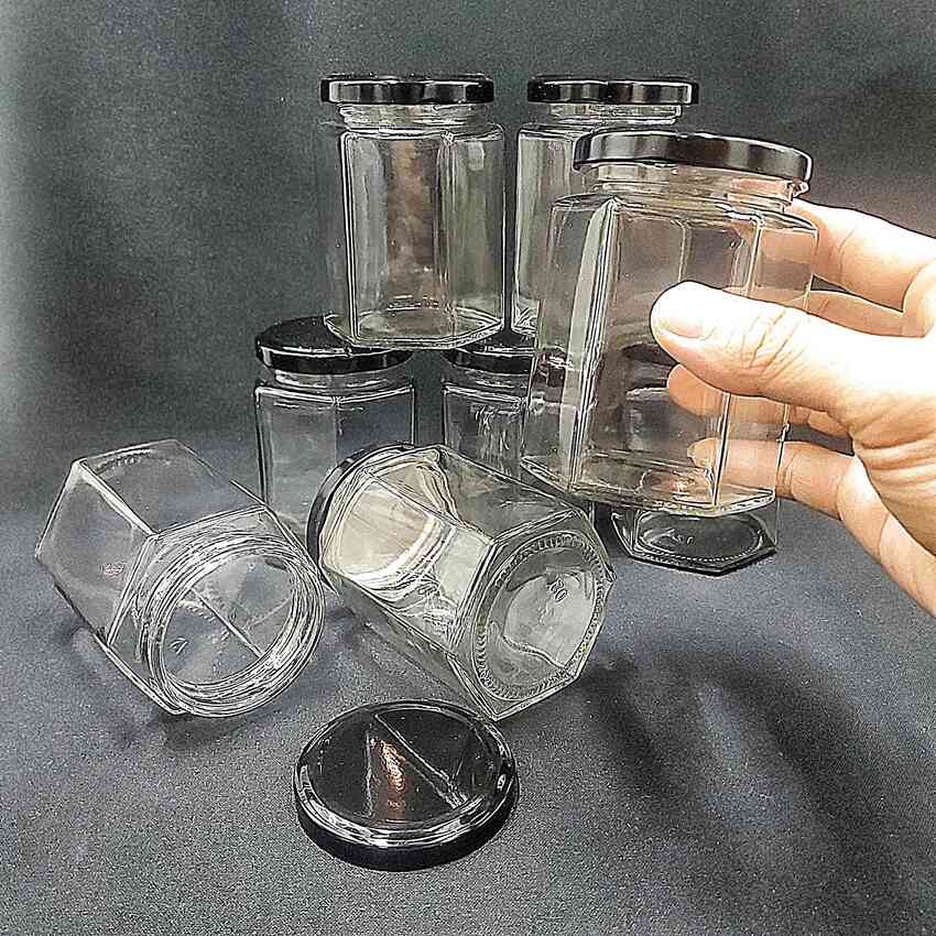 Hủ Đựng Gia Vị Thủy Tinh 280ML (combo 3 cái) lục giác nắp thiếc đen – Hũ Đựng Gia Vị Thủy Tinh - Lọ Thủy Tinh - Hũ Gia Vị - Hũ Thủy TInh 280ML