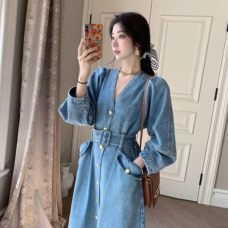 Kayleigh phụ nữ Đầm Denim phụ nữ kiểu Pháp Đầm dài với vành đai xuân hè v-cổ phụ nữ ĐẦM DENIM