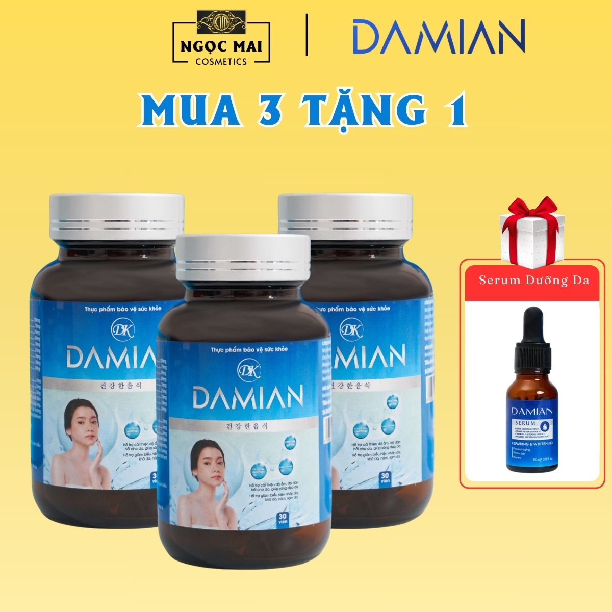 [Tặng Serum Dưỡng Trắng Da] Combo 3 hộp viên uống trắng da Damian Dakami (30 viên) chính hãng, trắng da, mờ nám, không tăng cân, không tích nước