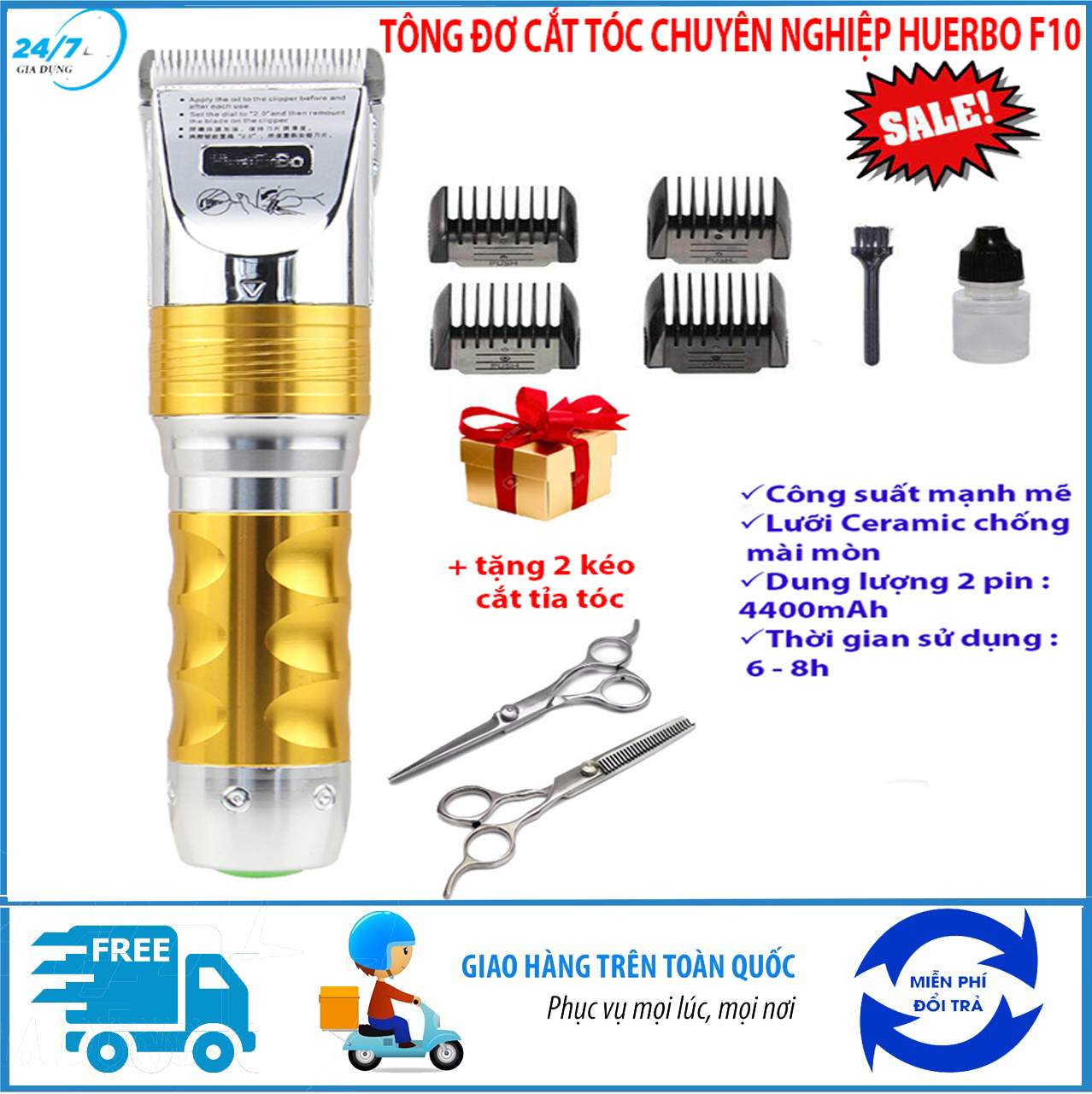 Tông đơ cắt tóc công nghệ Nhật Bản Huaerbo F10, Tông đơ cắt tóc không dây trẻ em, gia đình, tăng đơ hớt tóc chuyên nghiệp cho bé, 2 pin sạc dự phòng, tông đơ cắt tóc thân kim loại sang trọng -Giadungbv247