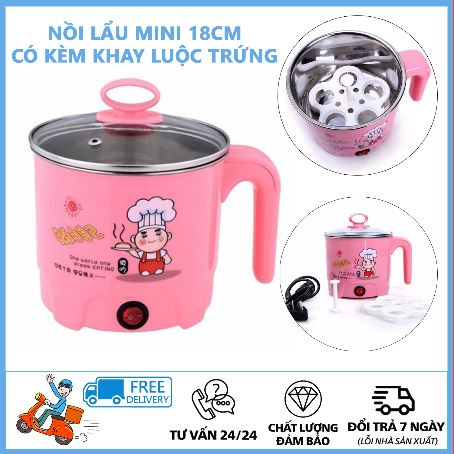 Ca nấu mì siêu tốc, nồi nấu đa năng mini siêu tốc 18cm - Nồi lẩu mini - Nồi lẩu mini đa năng - Ca nấu mỳ đa năng, nồi nấu đa năng + Tặng kèm khay luộc trứng