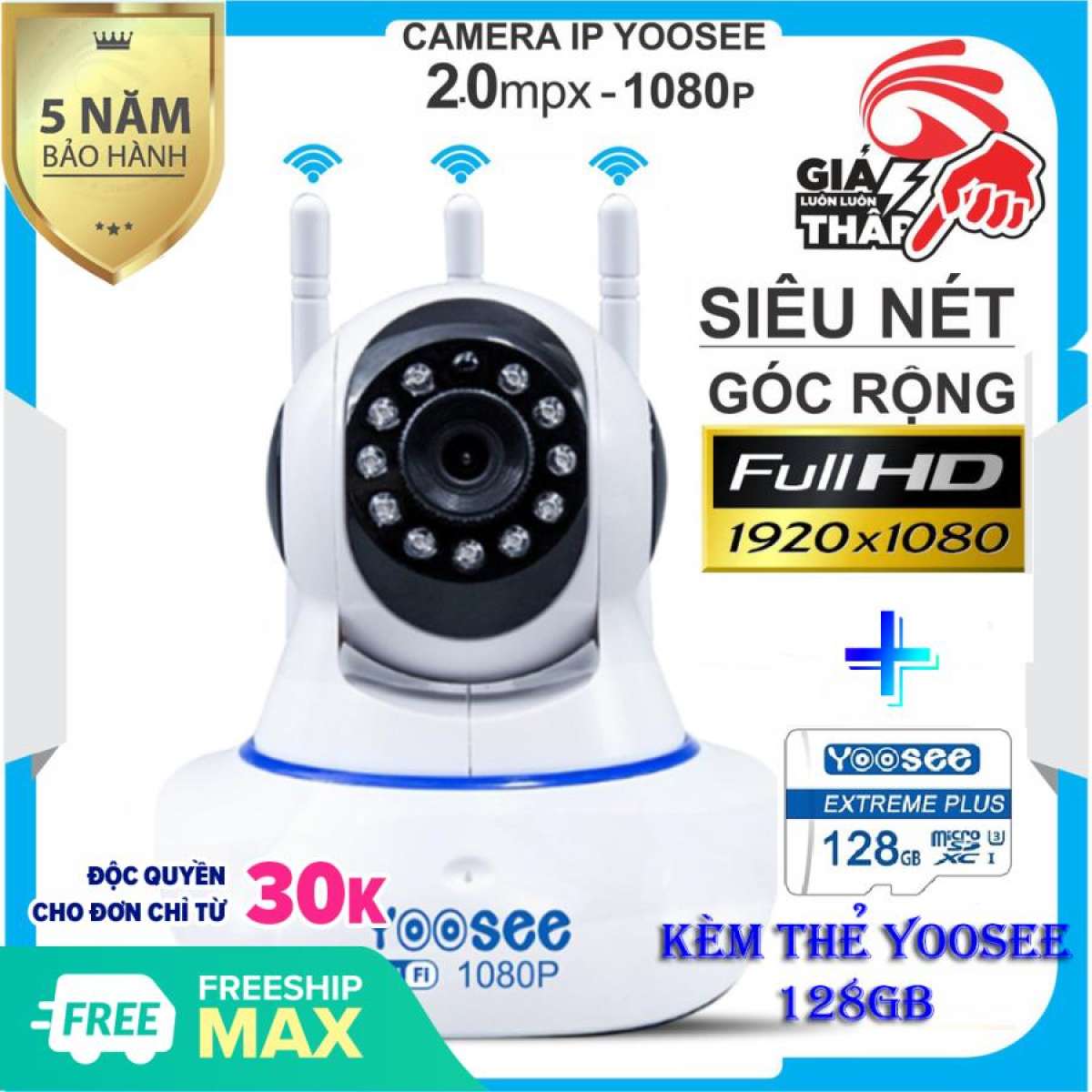 (KÈM Thẻ Nhớ SD YOOSEE 128 GB BẢO HÀNH  2 năm)Camera IP Wifi Yoosee 3 Râu xoay 360 độ độ phân giải FULL HD 2.0MP 1920x1080p Không DâyCamera trong nhàngoài trời Camera hồng ngoại tích hợp ghi âmlưu trữ dữ