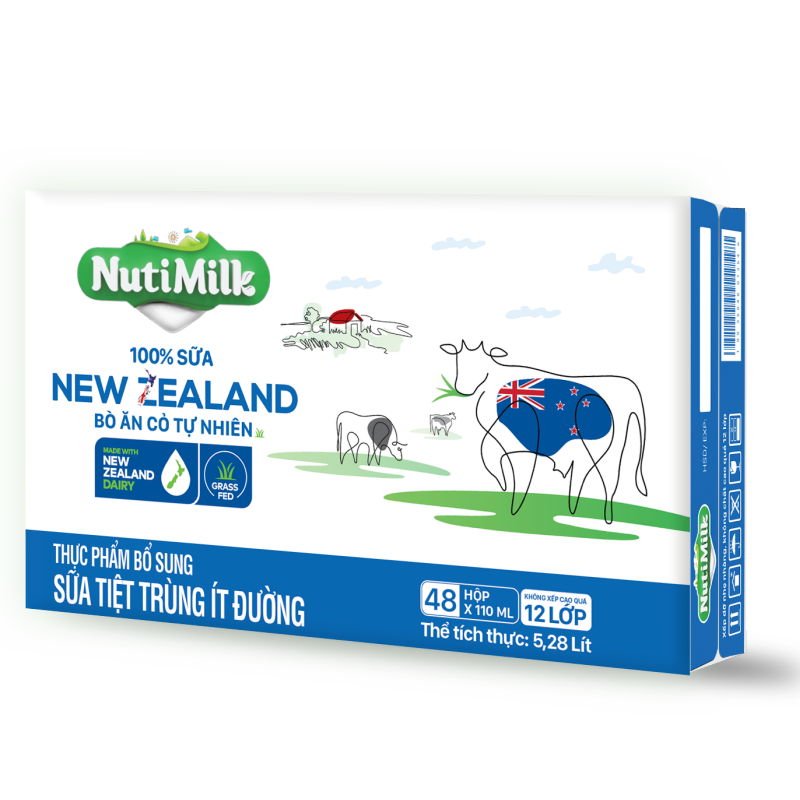 Thùng 48 Hộp NutiMilk 100% Sữa New Zealand Bò ăn cỏ tự nhiên Ít đường 110ml TU.NSTIT110YS - Thương Hiệu NUTIFOOD - YOOSOO MALL