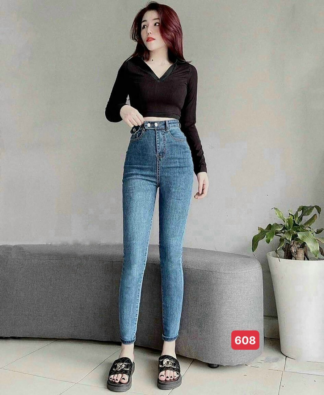 Quần jean nữ lưng cao màu xanh trơn 2 nút chất jean co giãn cao cấp thời trang JENNY - TCSQJNJN608