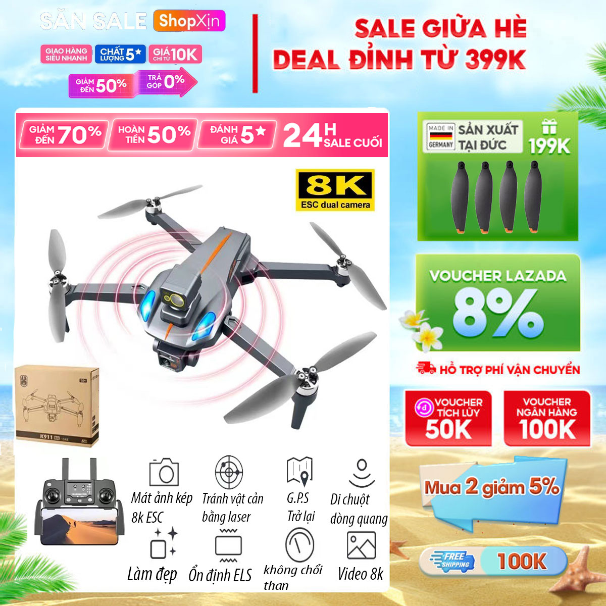 Máy bay camera Flycam mini K911 Pro Max điều khiển từ xa có camera tích hợp cảm biến chống va chạmdrone camera 8K