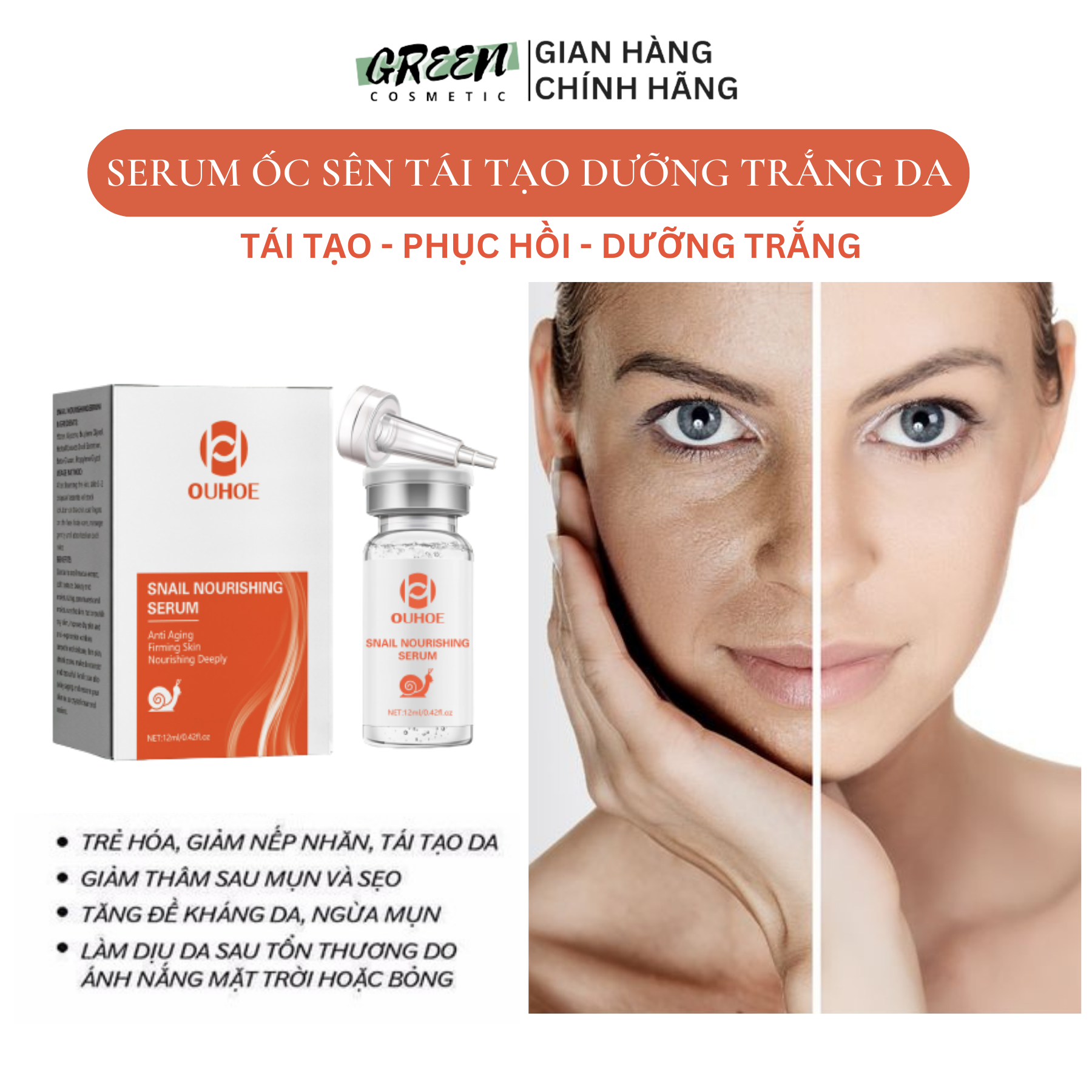 Serum ốc sên OUHOE siêu dưỡng trắng da mờ thâm nám giúp tái tạo da mặt làm sáng và căng bóng da ngăn ngừa lão hóa da hiệu quả