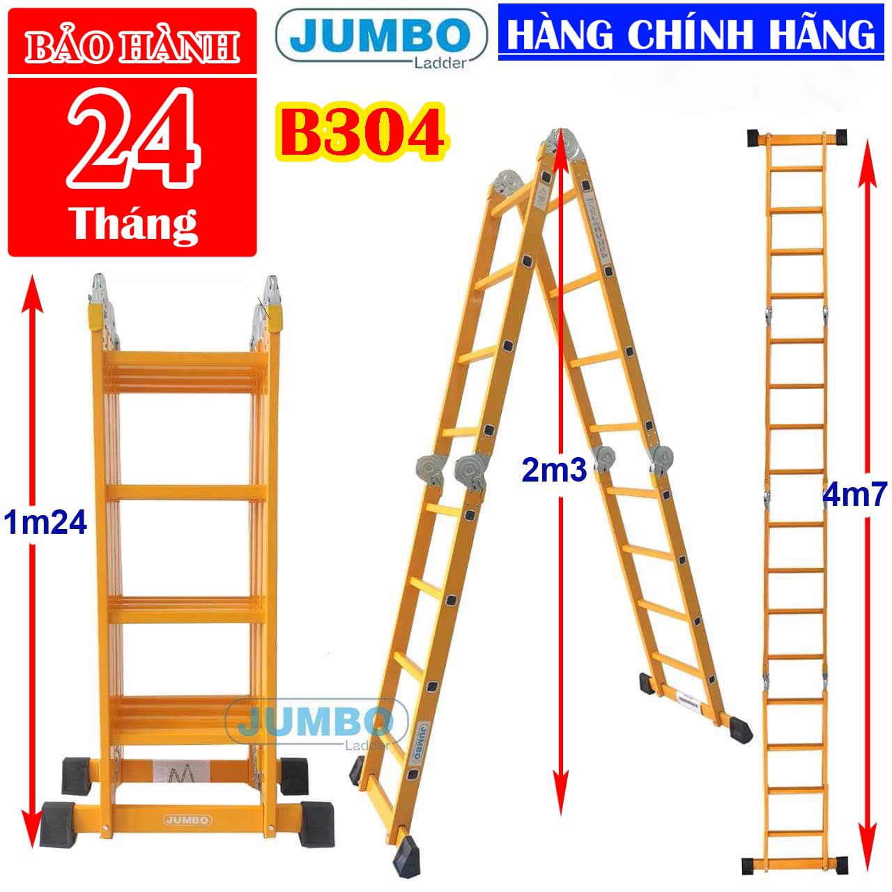 Thang nhôm gấp 4 đoạn Chữ A 2,26m, duỗi thẳng 4,7m JUMBO B304 - khi xếp chữ U ngược: 1.25m Chất liệu: Nhôm,được sơn tĩnh điện màu vàng. Tiêu chuẩn châu âu EN131, EN14183, CE.