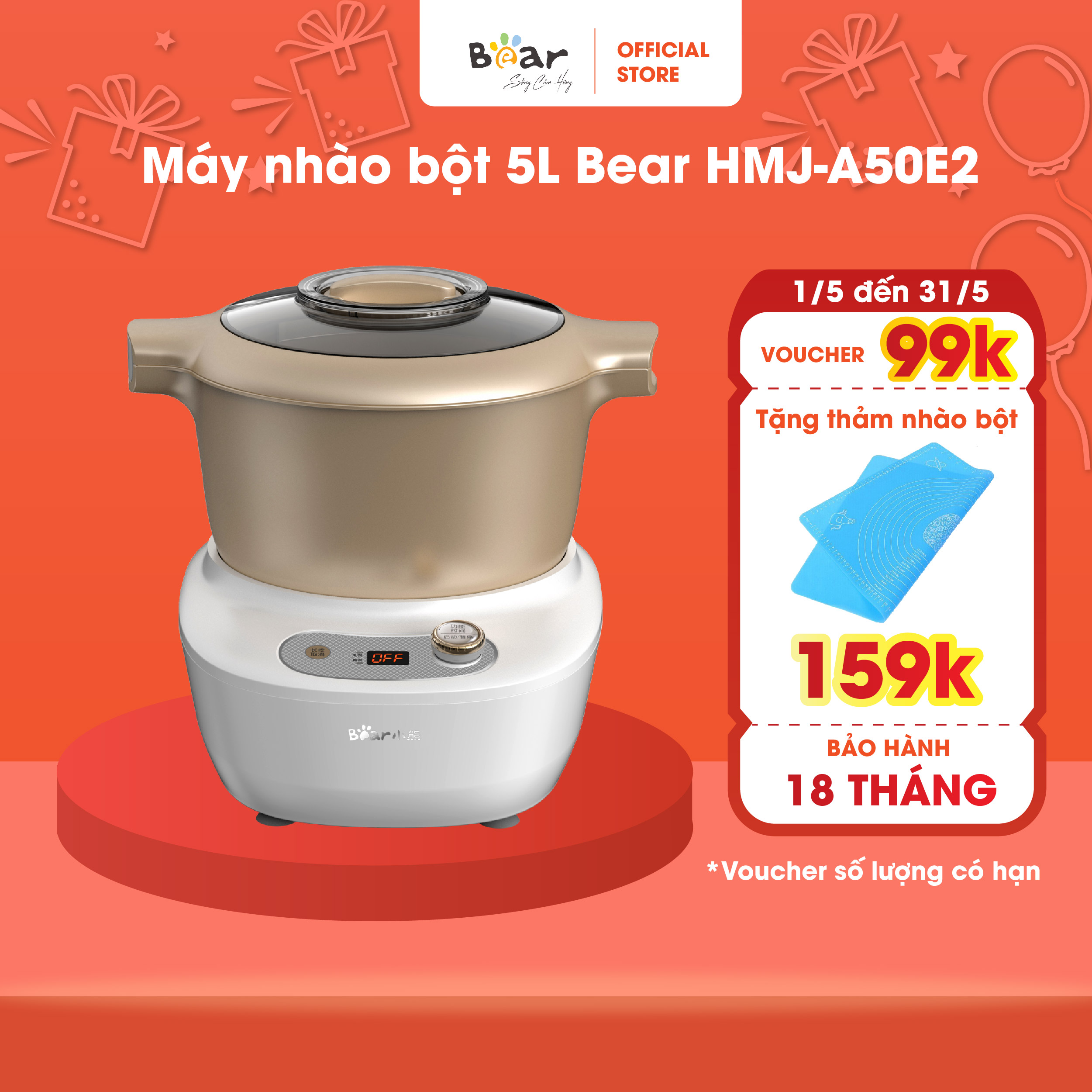 Máy trộn bột bear 5l inox 304, ủ bột, nhào bột, nhồi bột nhanh, công suất lớn chống dính - a50e2
