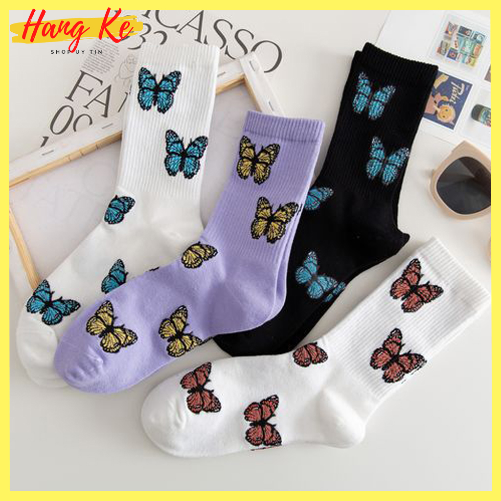 Vớ nữ cao cổ phong cách Hàn quốc cao cấp, chất liệu vải mềm mịn, họa tiết thêu hình bươm bướm siêu kute-Miumiu